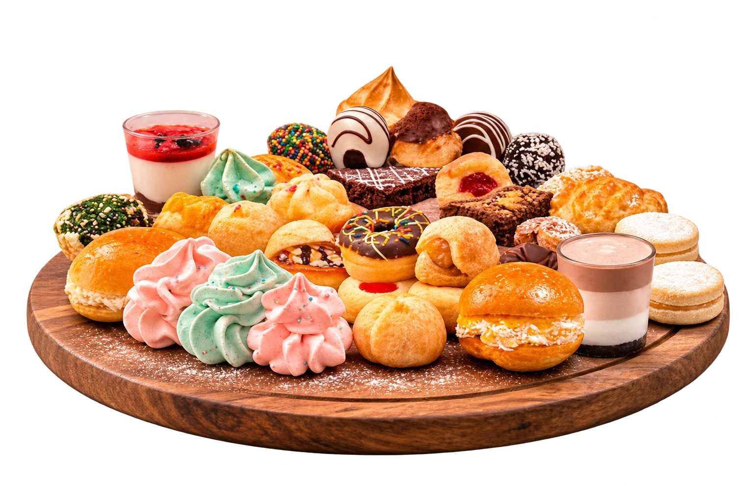 Tabla de bocaditos dulces y salados, merengues, brownies, trufas y alfajores de La Pastenería